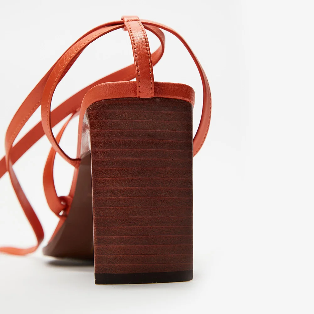 Orange Faux Leather Chunky Heel Ankle Strap Lace Up Toe Ring Sandals