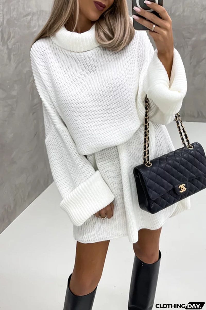 Elegant Solid Patchwork Turtleneck One Step Skirt Dresses