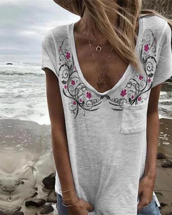 Printed Crew Neck Pocket Short Sleeve T-shirt