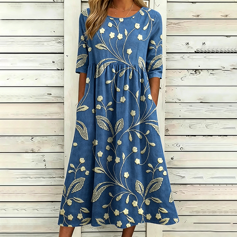 Comstylish Women's Vintage Floral Art Print Linen Dress