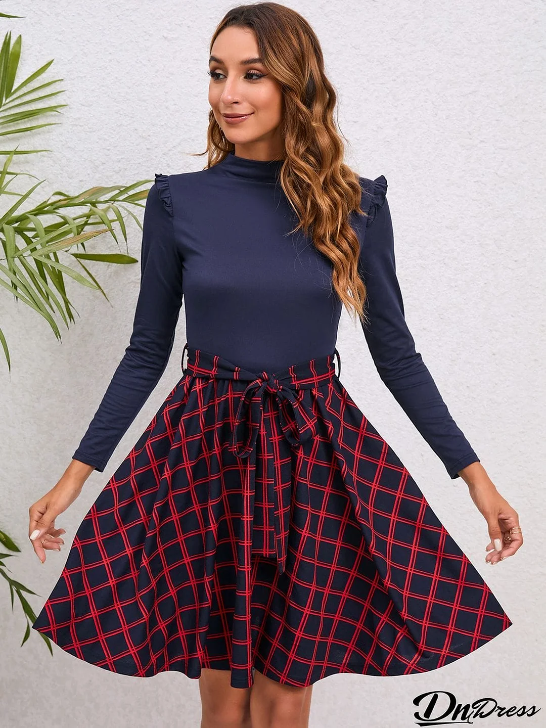 Plaid Tie Waist Ruffle Shoulder Dress