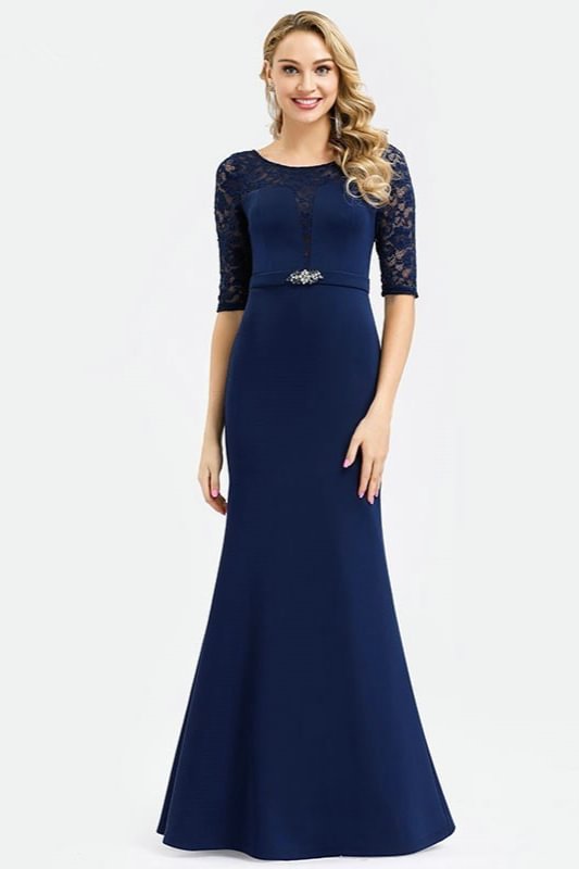 Navy Blue Half Sleeve Lace Mermaid Long Evening Gowns