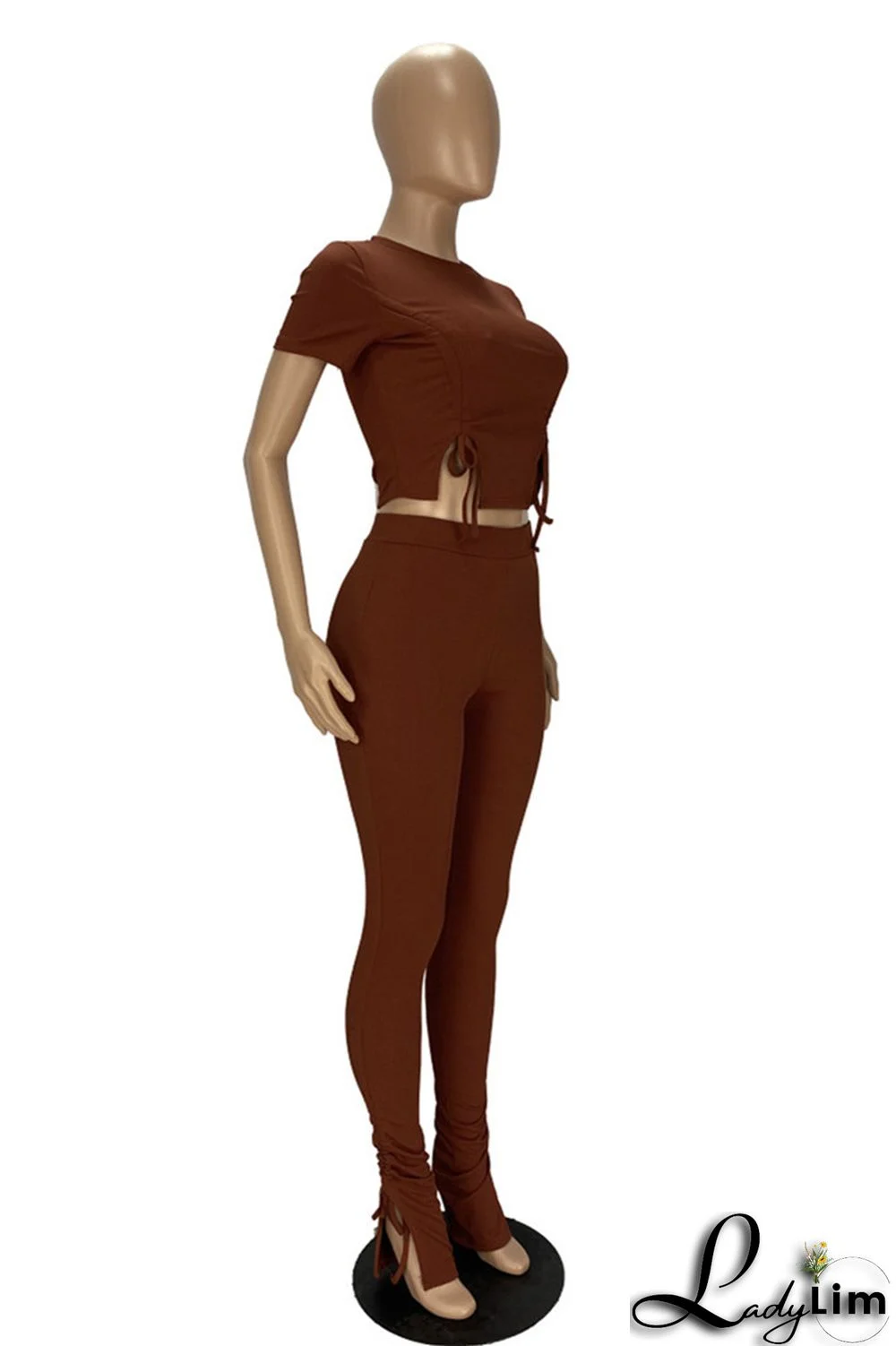 Khaki Fashion Casual Solid Draw String Frenulum O Neck Short Sleeve Two Pieces