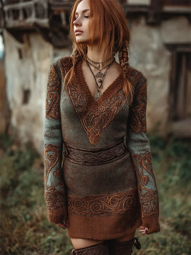 Vintage Medieval Ethnic Dyed V Neck Knit Sweater Dress
