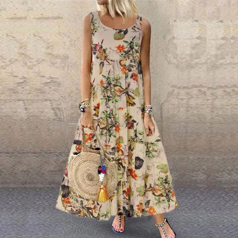 ELSVIOS Plus Size Women Floral Print Sleeveless Button Maxi Dress Elegant Bohemian Summer Long Dress Ladies O-Neck Vintage dress
