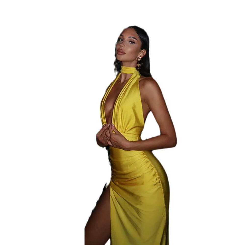 Uveng Uveng Summer Women's Sexy V Neck Hanging Back Dress Temperament Slit Dress Woman