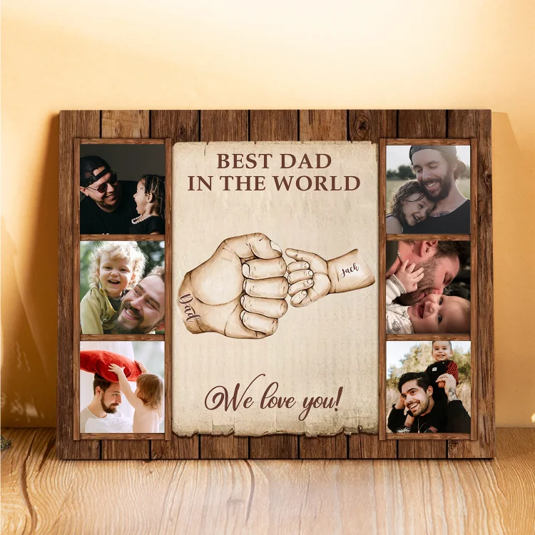 2 Names-Personalized Dad Family Fist Bump Frame Engaged 6 Photos Wooden Ornament Custom Texts Plaque Home Decoration for Father