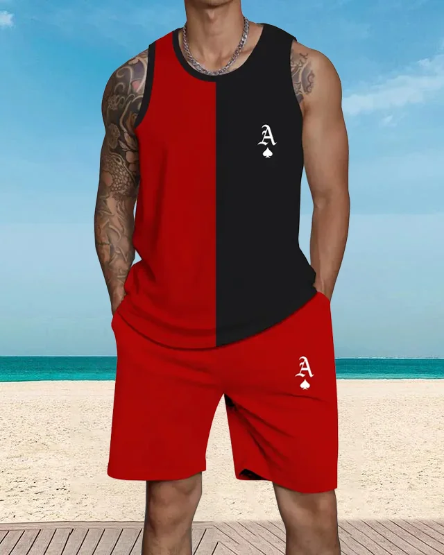 Men's casual vacation color block printed vest Set 040