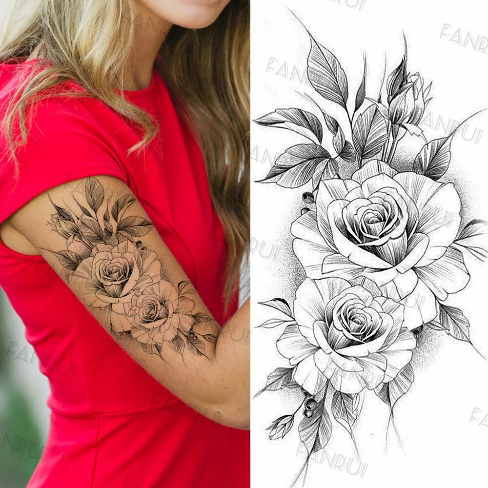 Black Gun Tattoos Sticker For Men Women Arm Art Temporary Tattoos Realistic Fake Flower Lion Tiger Tatoos Decal Cool Warrior DIY