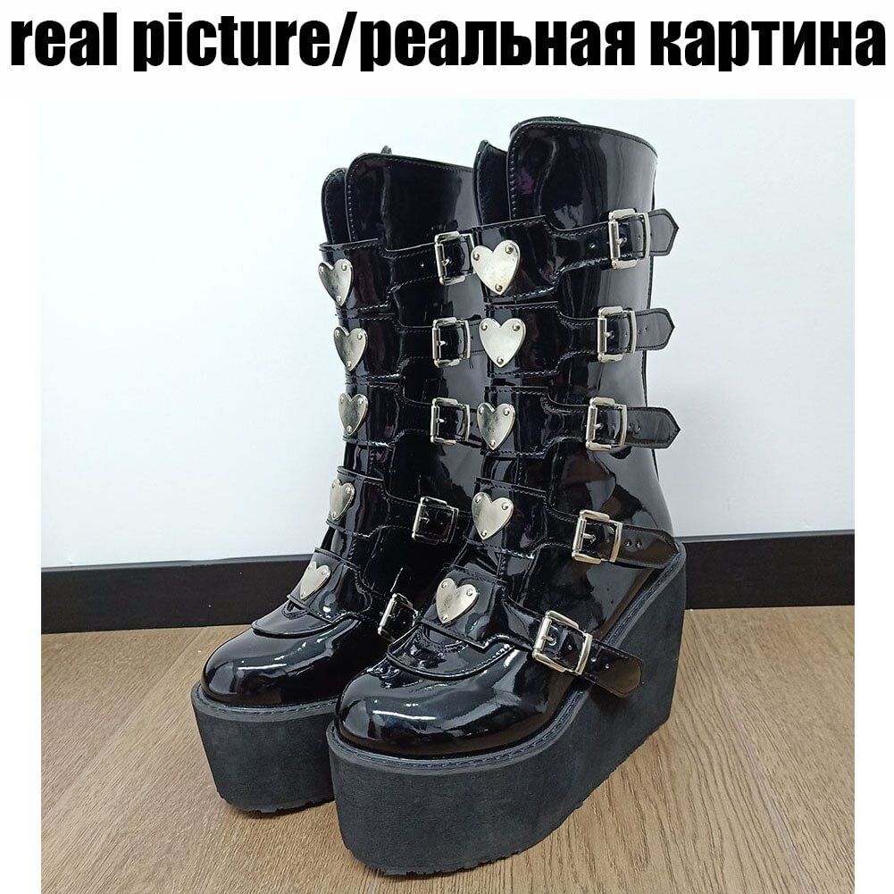 Yyvonne Autumn New Gothic Punk Shoes Platform Wedges High Heels Heart Mid Calf Women Boots Fashion Street Black Cosplay Shoes