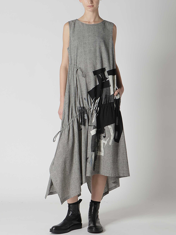 Sleeveless Plaid Collage Shirring Asymmetric Hemline Midi Dress