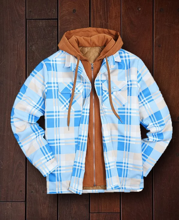 Men's Autumn and Winter Plaid Long Sleeve Loose Hooded Jacket