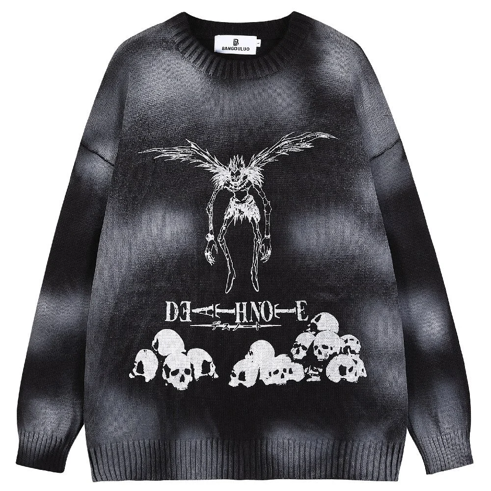 Mens Hip Hop Streetwear Harajuku skulls Sweater Retro Japanese Style Anime death Note Knitted Sweater Oversized Cotton Pullover