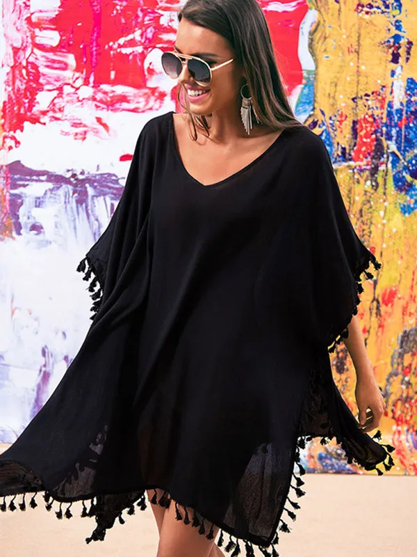 Simple V-Neck Plain Short Sleeve Tasseled Cover-Up Swimwear