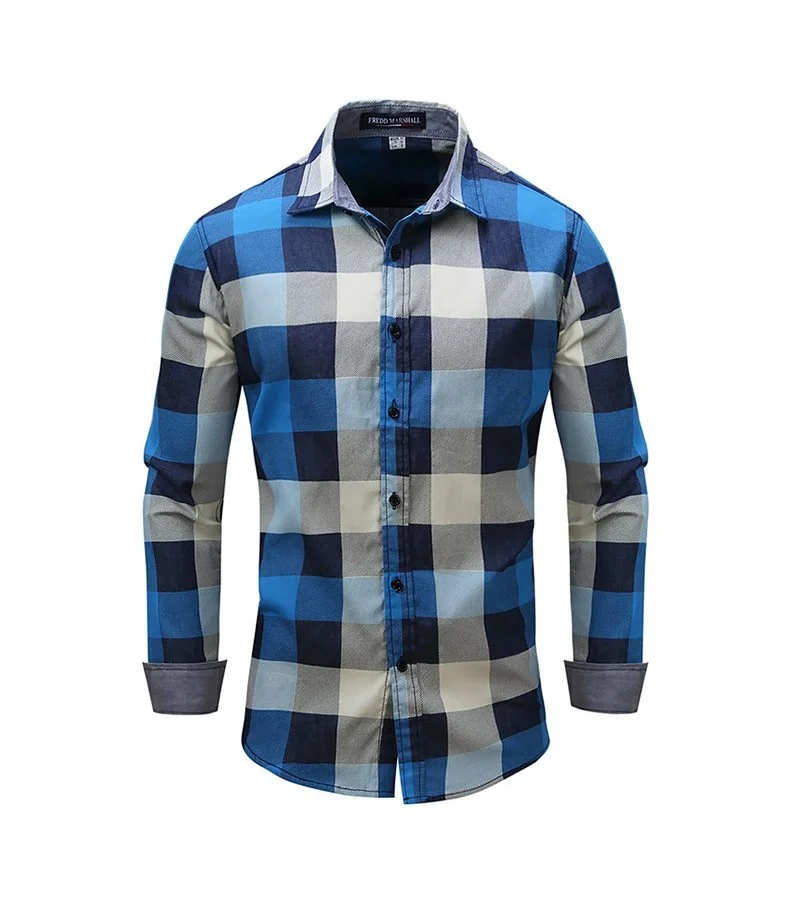 Man Turn-down Collar Long Sleeves Plaid Pattern Cotton Shirt