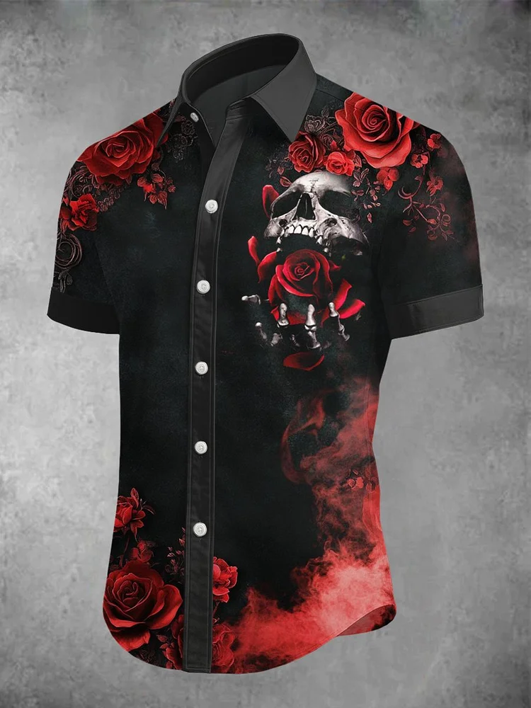 Men's Casual Fashion Skull Floral Short-Sleeved Shirt 