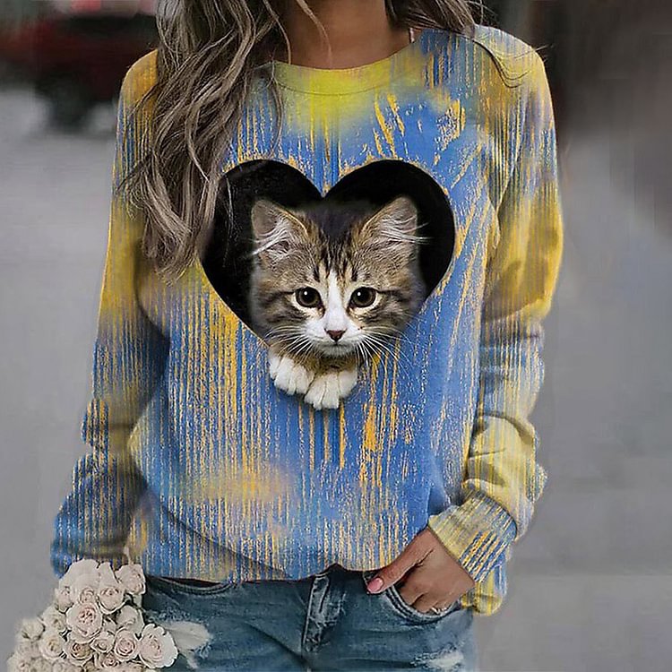 Vefave Cat Print Crew Neck Casual Sweatshirt