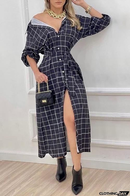Plaid Print Button Maxi Shirt Dress