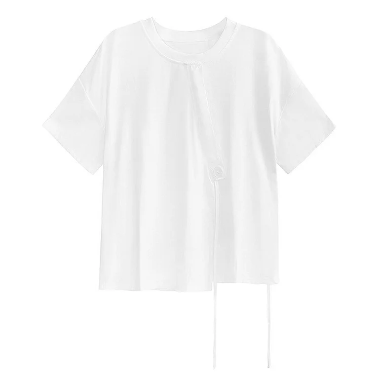 Casual Loose White Asymmetric Lacing Short Sleeve T-shirt