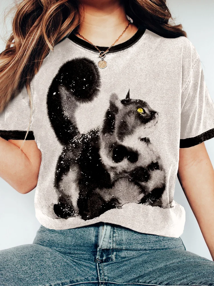 VChics Cute Cat Ink Art Vintage Washed T Shirt