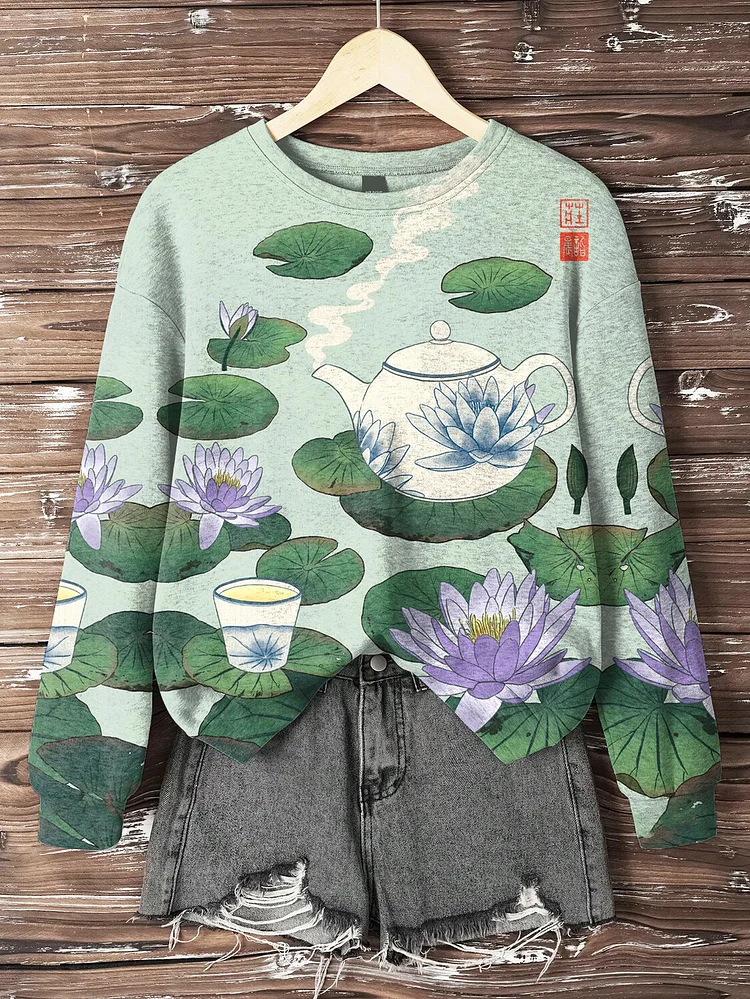 Women's Japanese Tea Ceremony Lotus Art Print Casual Sweatshirt