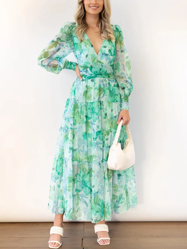 Long Sleeve Green Print Midi Dress