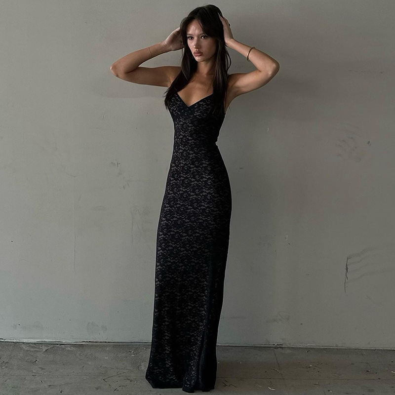 Ootddress Lace Hollow Out Backless Maxi Dress Slim V-Neck See-Through High Street Summer Elegant Party Dress Fashion Slim Dress 2025