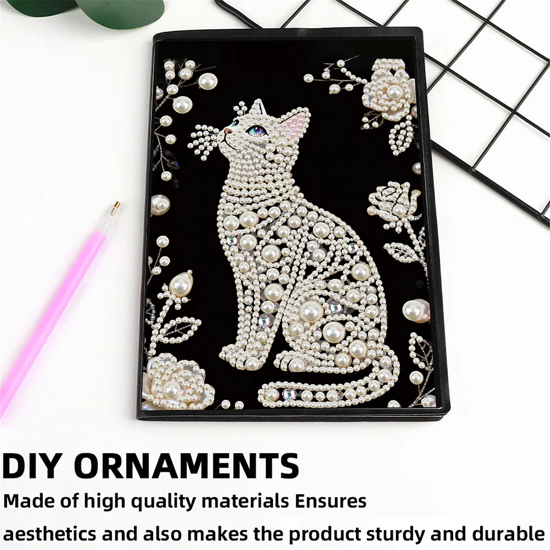 Flowers and Cat Partial Pearl DIY 50 Pages A5 Diamond Painting Notebook Special Shaped Diamond Art Diary Book Kits Wireless Strip 5D Crystal Art Paintings Sketchbook for Art Drawing