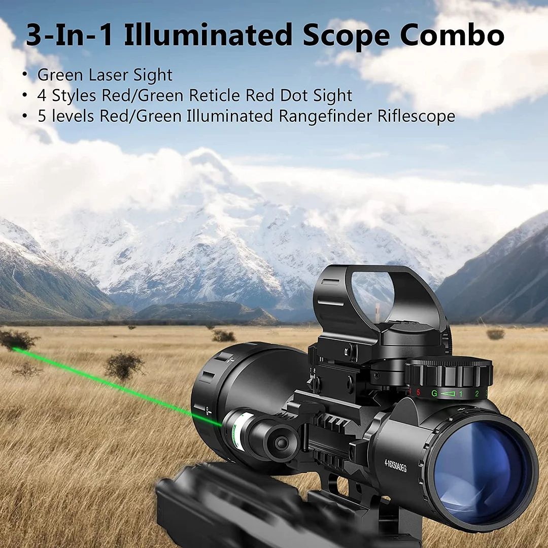 ohhunt® 4-16x50 AO Tactical Rifle Scope Dual Illuminated Optics & Illuminated Reflex Sight 4 Holographic Reticle Red/Green Dot Sight & IIIA/2MW Laser Sight