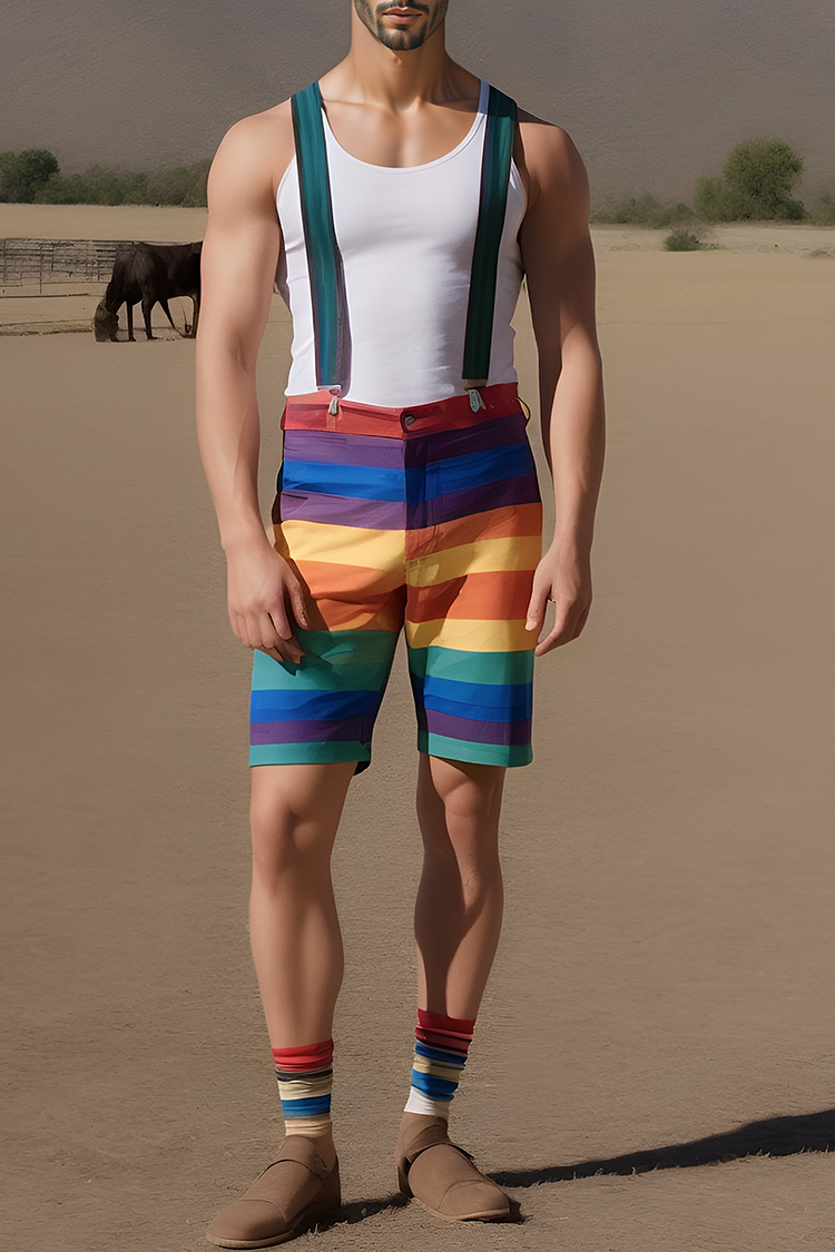 Rainbow Stripe Print Suspender Shorts [Pre-Order]