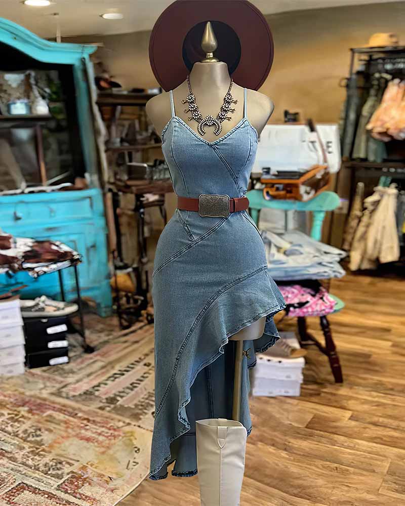Western Cowboy Irregular Ruffle Hem Slim Cami Dress