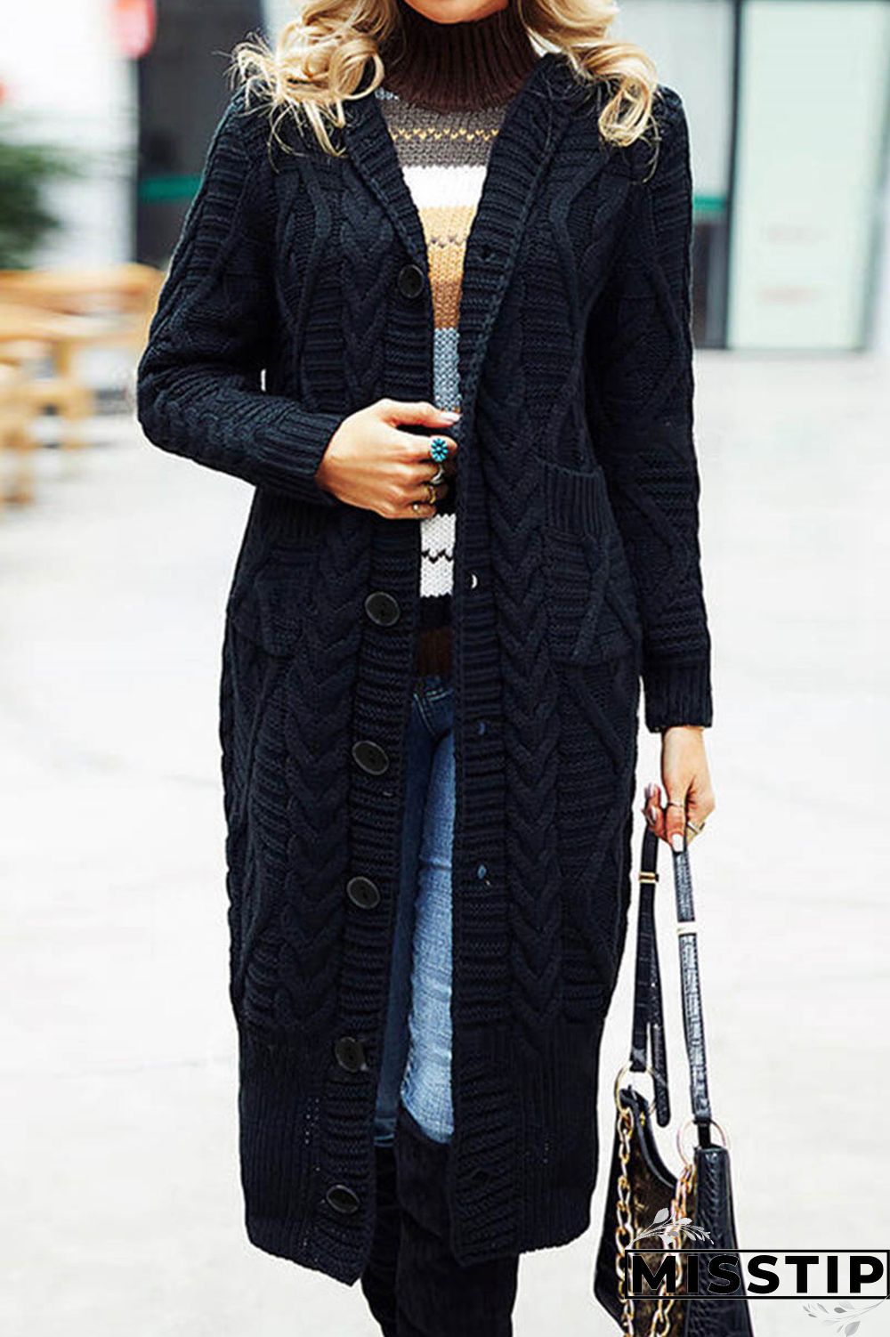 Black Casual Solid Patchwork Cardigan Collar Outerwear