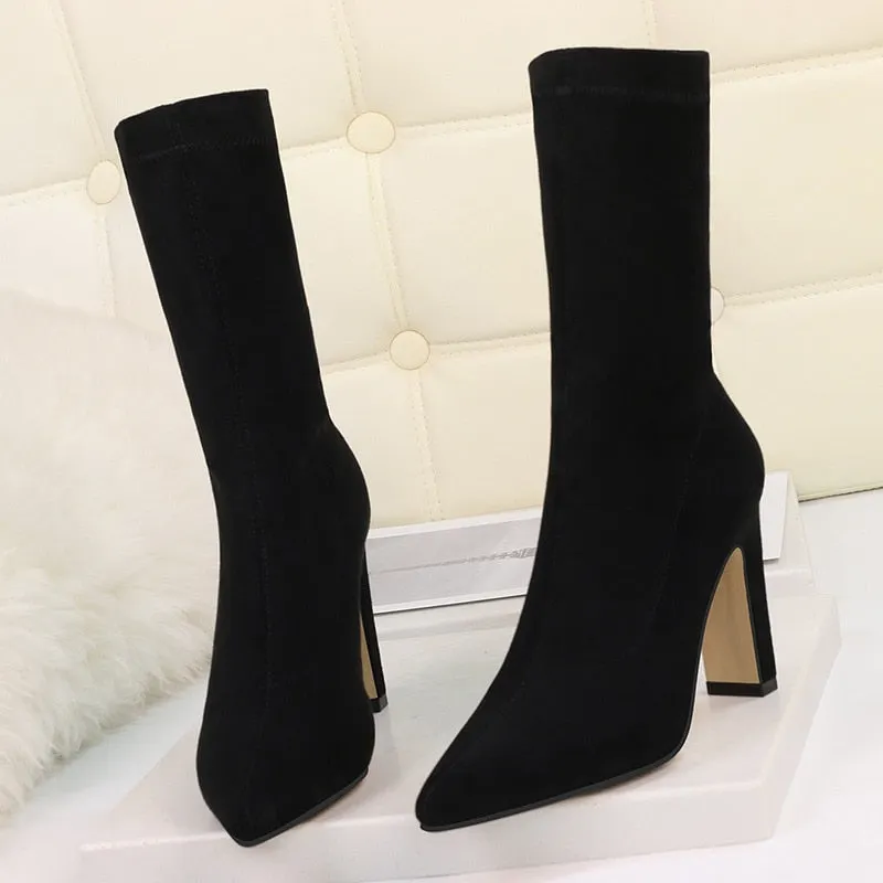 Plus Size High Heel Boots Sock Women 2021 Flock Shoes Sexy Party Thick Heel Ankle Booties Female Winter Pointed Toe Boots Shoes