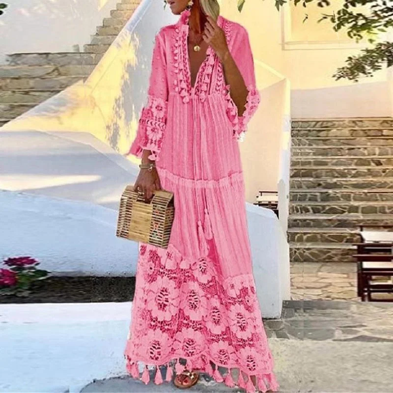 Uveng Bohemian Lace Tassel Stitching Beach Vacation Temperament Long Dresses