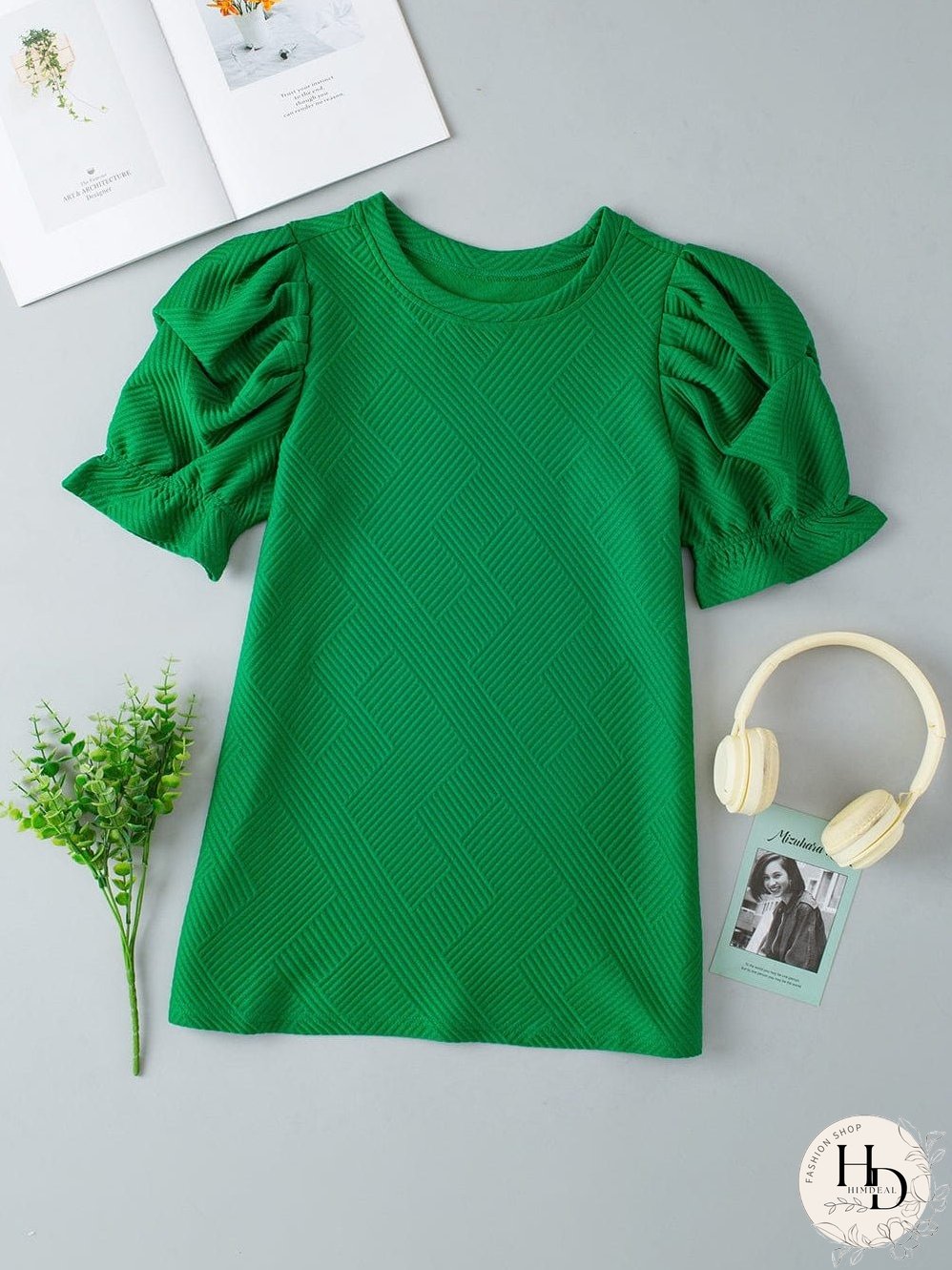 Elegant Dark Green Ruffled Textured Puff Sleeve Blouse