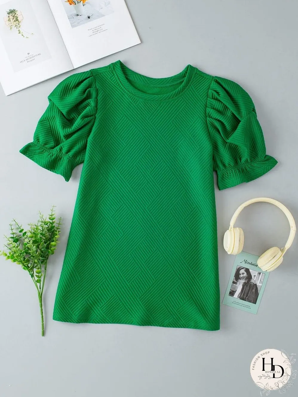 Elegant Dark Green Ruffled Textured Puff Sleeve Blouse