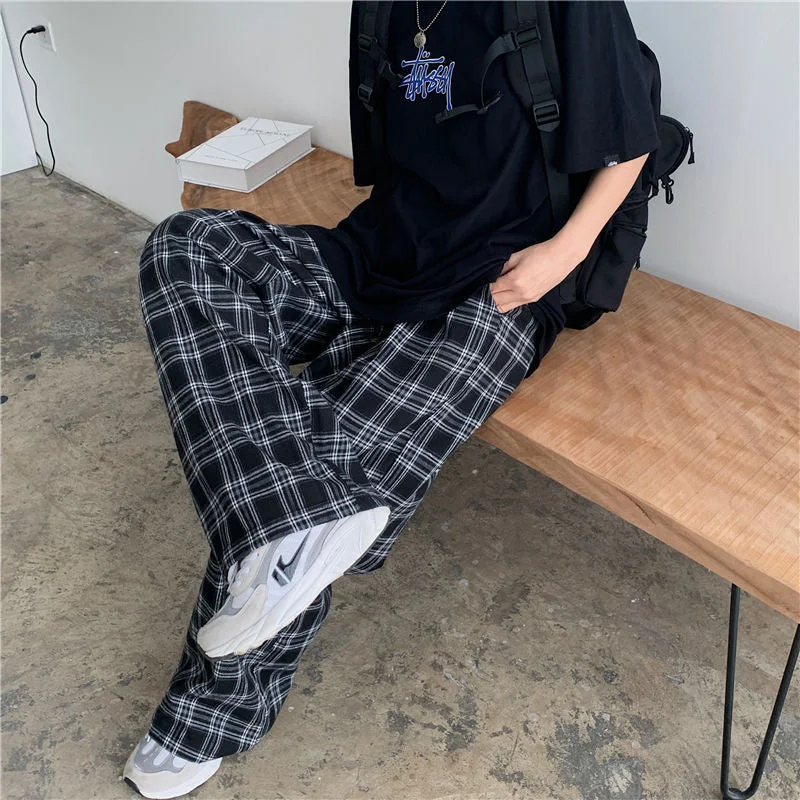 Oversize 3XL Plaid Pants Women Casual Loose Wide Leg Trousers Ins Retro Hip-hop Unisex Streetwear Teens Straight Trousers