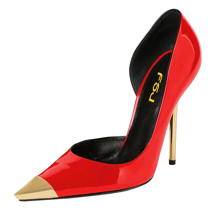Red and Gold Stiletto Heels Dorsay Pumps |FSJ Shoes