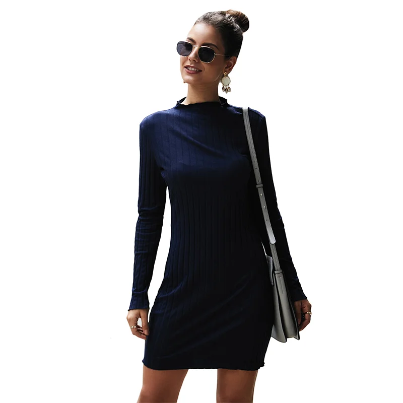 Navy Blue Long Sleeve Slim Fit Knit Mini Dress