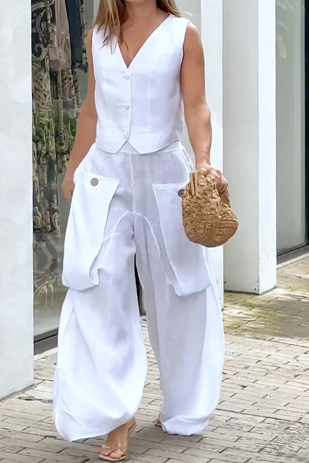 Plus Size Vacation White Casual V Neck Pocket Linen Two Piece Pant Sets [Pre-Order]