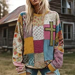 Women's Vintage Cross Floral Patchwork Art Cozy Sweatshirt - Image 2