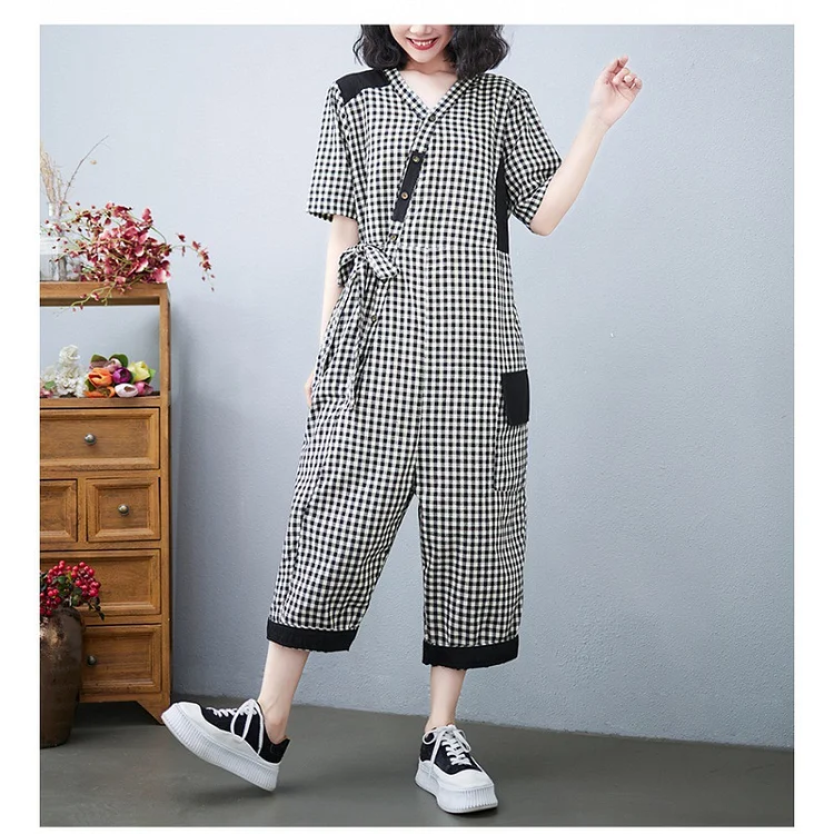 Literary Splicing Cotton And Linen Plaid Jumpsuit