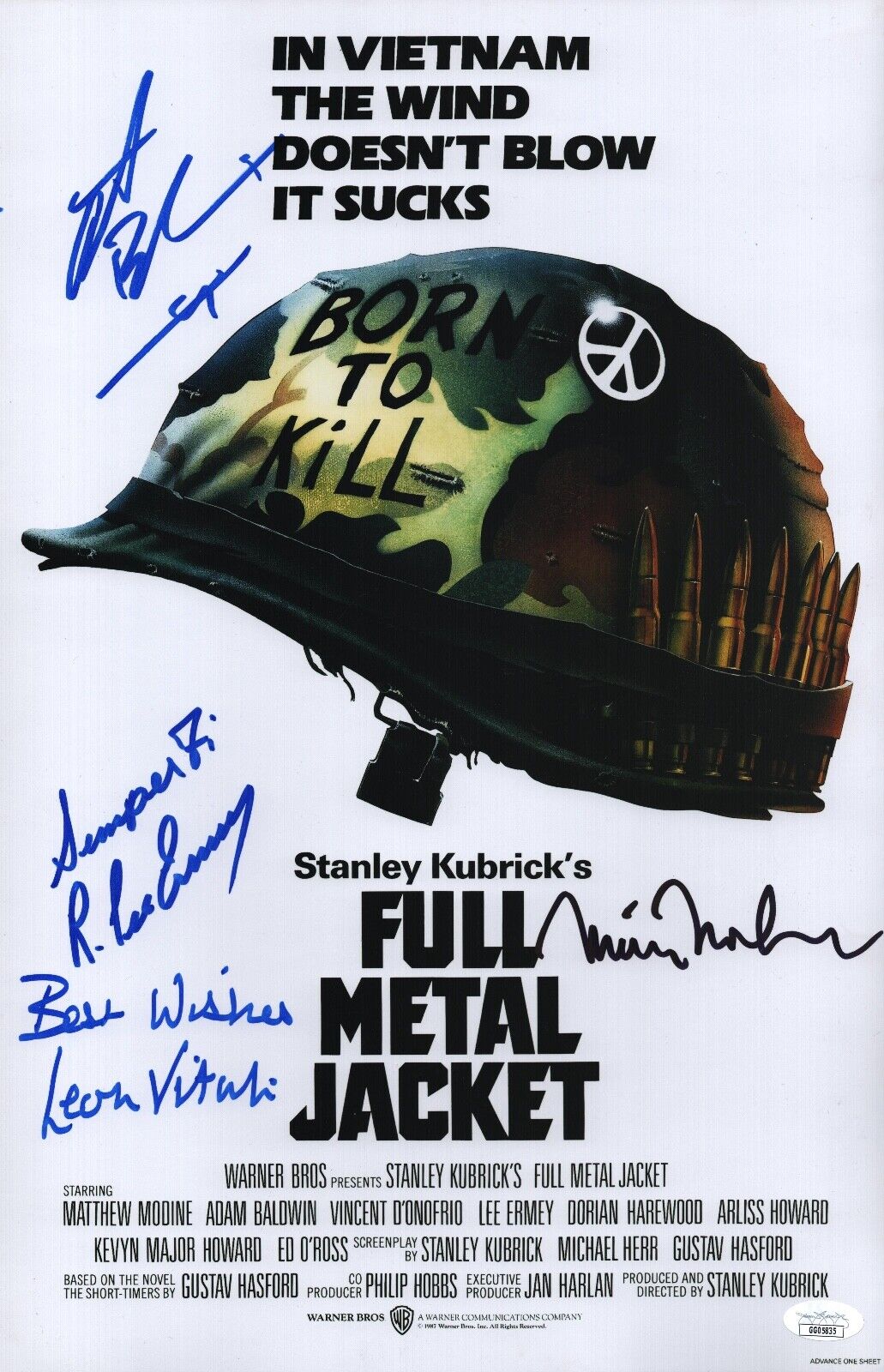 Matthew Modine R Lee Ermey +2 Hand Signed 11x17 Full Metal Jacket JSA COA