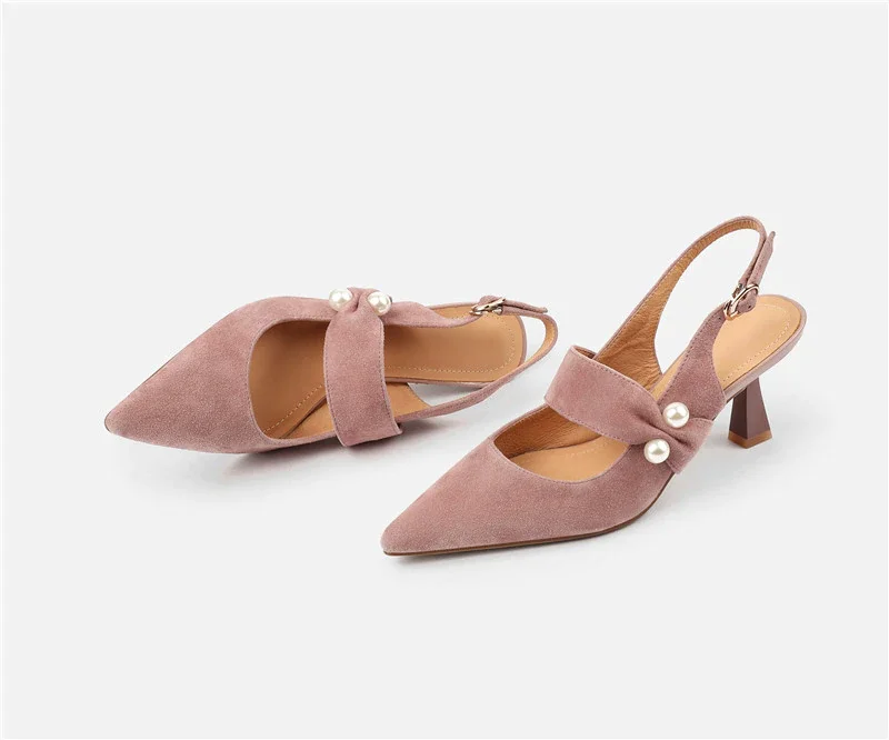 Woherb New Spring Suede Leather Slingbacks Pumps Fashion Pointed Toe Shallow High Heels Buckle Strap Heels for Women Women Shoes