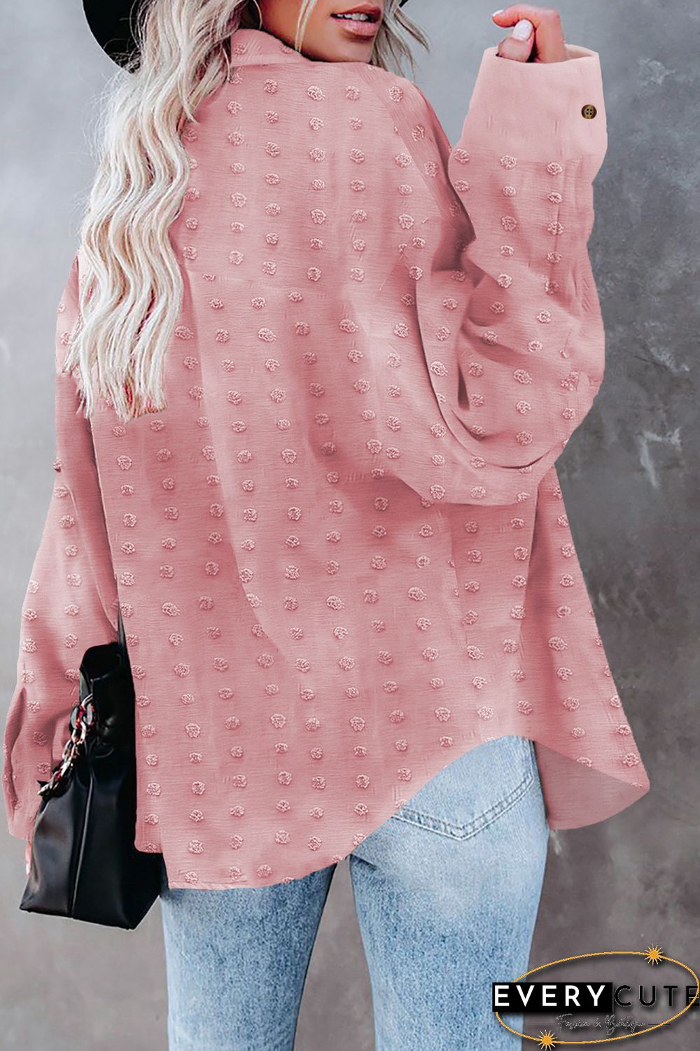 Pink Swiss Dot Buttoned Pocket Long Sleeve Shirt