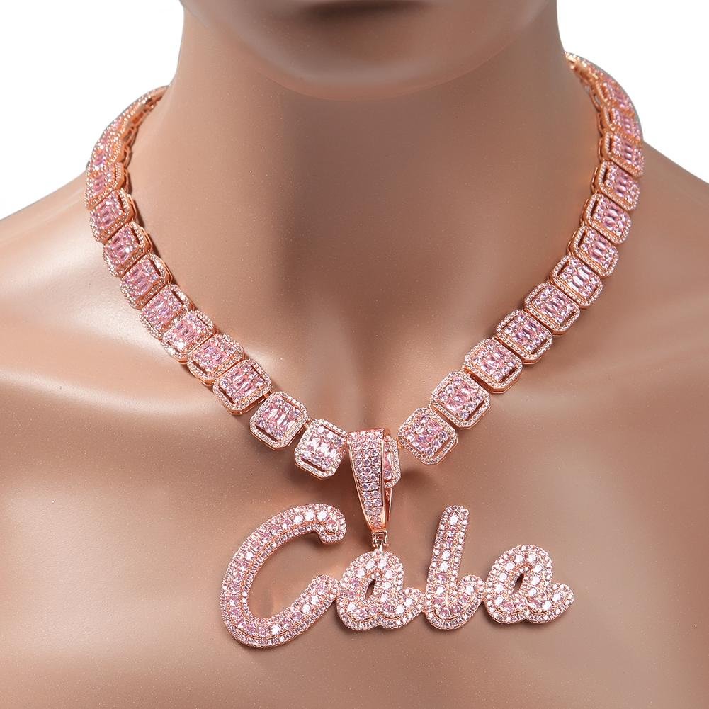 13MM Baguette Bling Pink Square Iced Out Link Chain-VESSFUL
