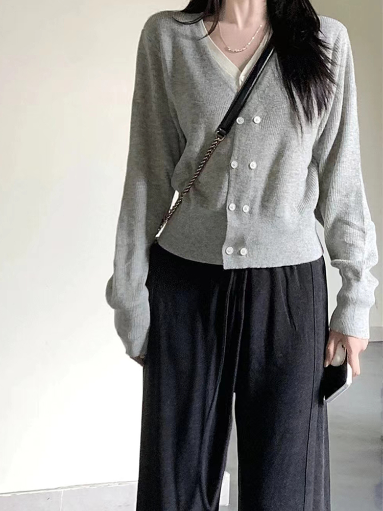 Women Basic Patchwork Cardigan V-Neck Sweater Autumn 90s Gyaru Long Sleeve Double Breasted Knitted Fashion Pullover New Design