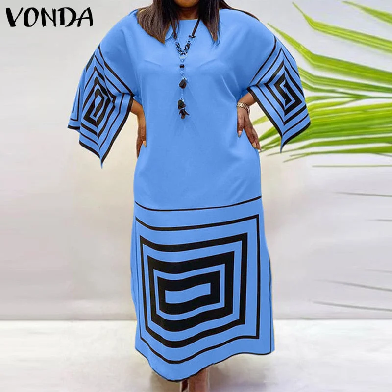 VONDA Women Bohemian Dress 2022 Casual Loose 3/4 Sleeve Holiday Dress Female Vintage Printed Party Vestidos Oversized Robe Femme