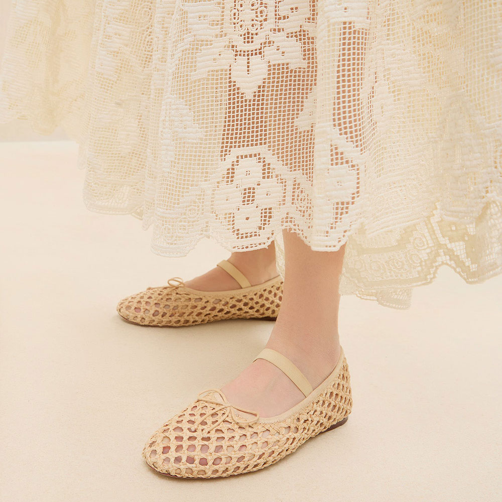 Beige Vegan Leather Round Toe Flat Woven Sophisticated Ballet Shoes Nicepairs