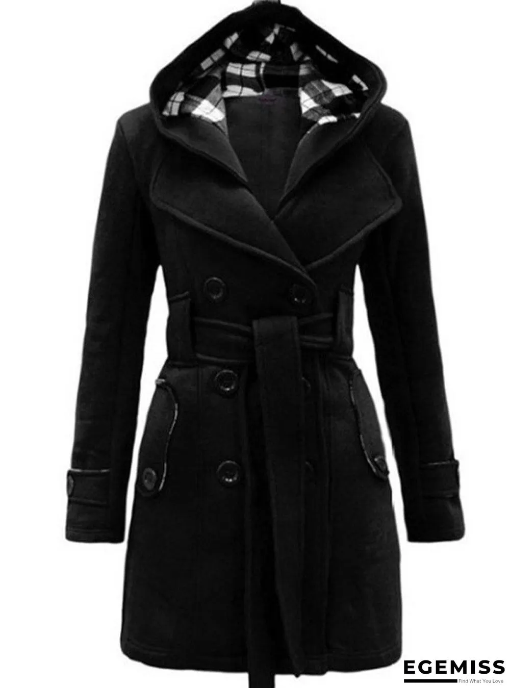 Checked Hooded Woolen Coat With Long Belt | EGEMISS